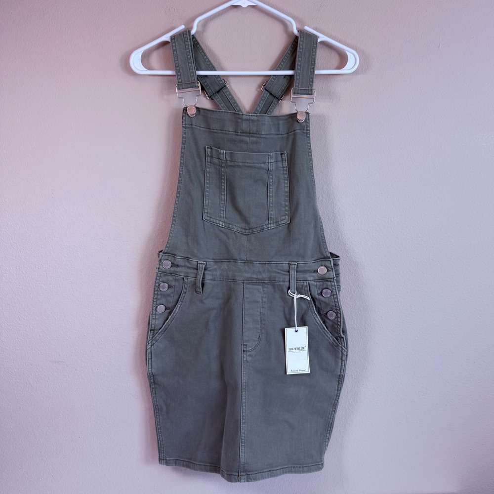 New Judy Blue M Olive Green Denim Overall Dress Stretch Pinafore Utility NWT